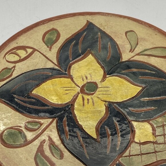 Art Pottery Trivet Glazed Floral Terra Cotta Handcrafted Welder Vtg Round Rustic - Picture 2 of 9